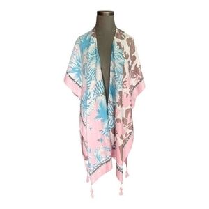 Womens Swimsuit Cover Up Blue Pink Floral Hawaiian Fringe Open Front Tunic OS VG